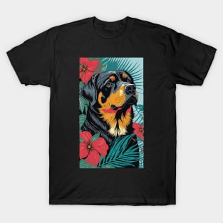 Rottweiler Dog Vibrant Tropical Flower Tall Retro Vintage Digital Pop Art Portrait T-Shirt